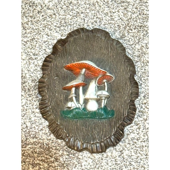 Vintage Homco Mushroom Wall Art Set Faux Wood Oval Textured Hanging Decor - Picture 5 of 7